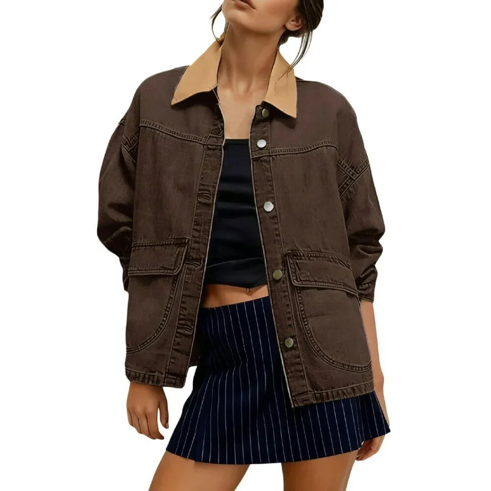 Oversized Denim Shacket Retro Collar Button Down Jacket Women's